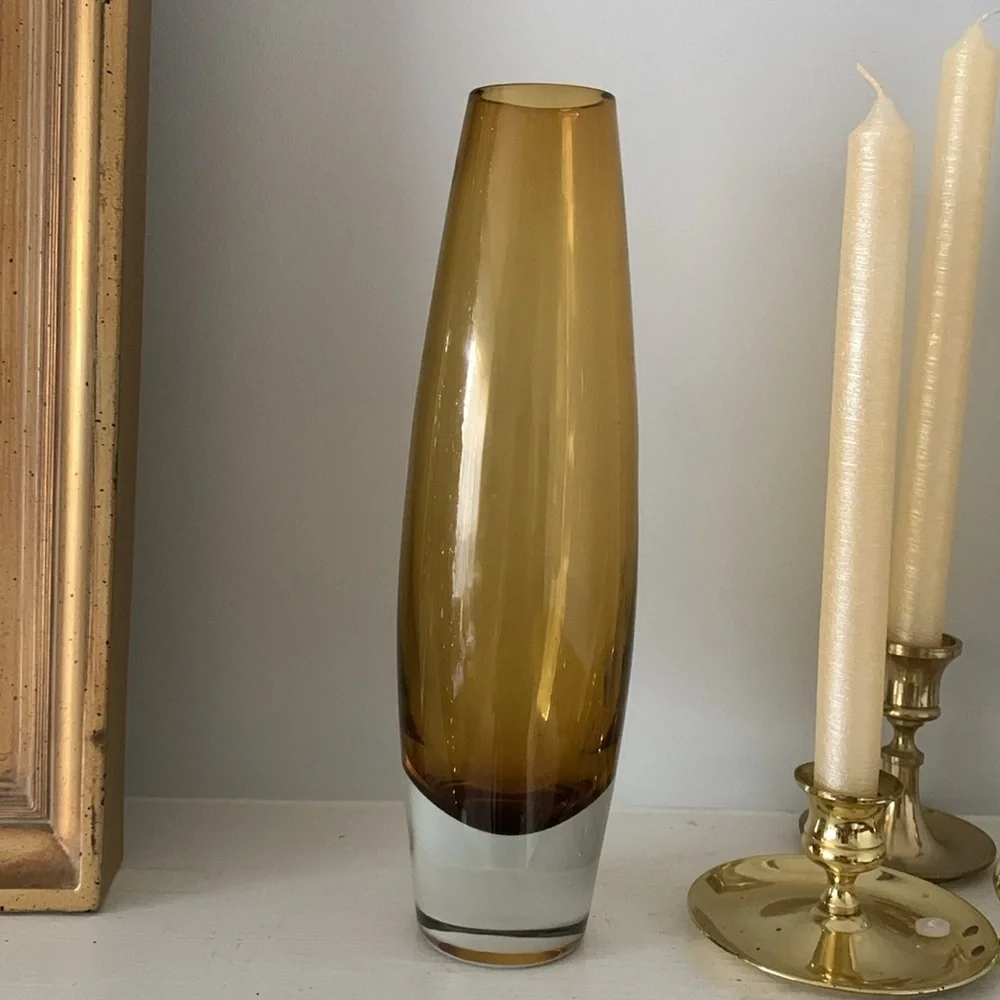 Aseda Gasbruk Glass Vase Torpedo Amber 11” Sweden Bo Lundstrom 1970s Scandinavia